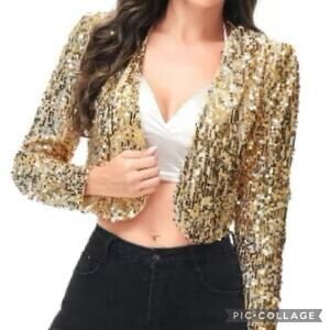 Anna Kaci Shiny Sequin Long Sleeve Glitter Cropped Blazer Bolero Shrug XXL $62